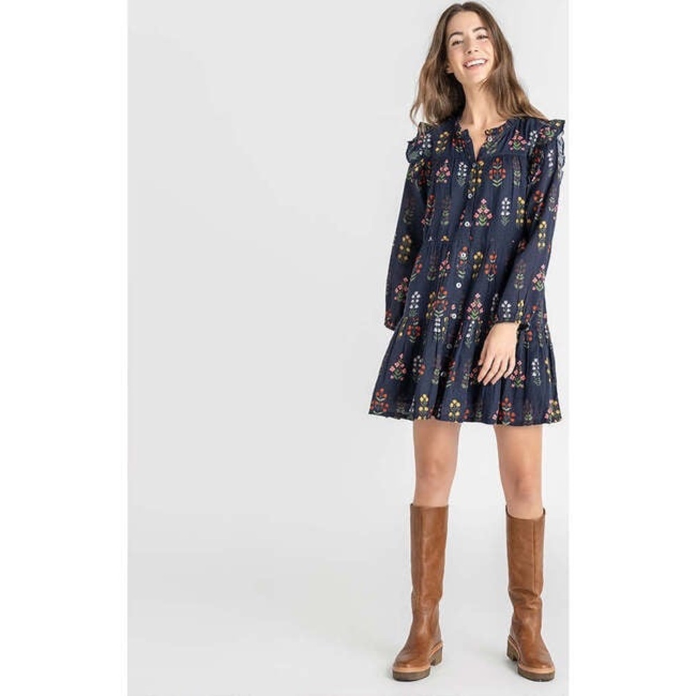 Nwt Pink Chicken Kalani Ruffle Long Sleeve Tiered Dress, Navy Field Floral Large